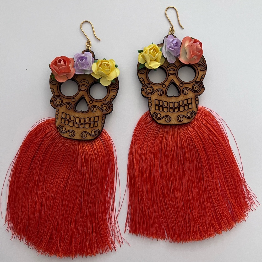 Halloween Earrings Calavera Skull Day of the Dead Wood Dangle Tassel/ Flowers